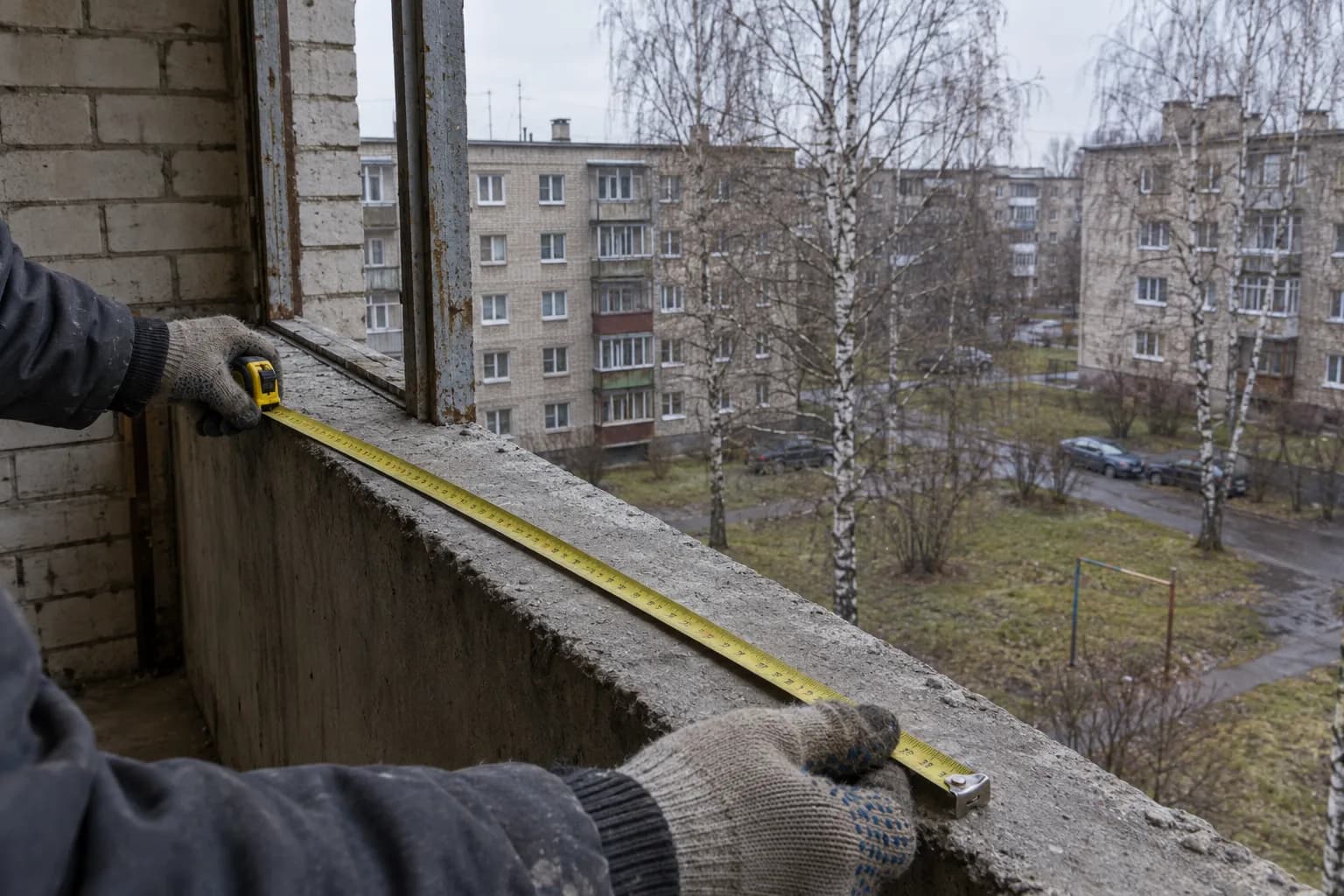 Meistro rankos su pirštinėmis ruletės juosta matuoja neįstiklinto balkono betoninį parapetą, už jo matyti daugiabučių kiemas