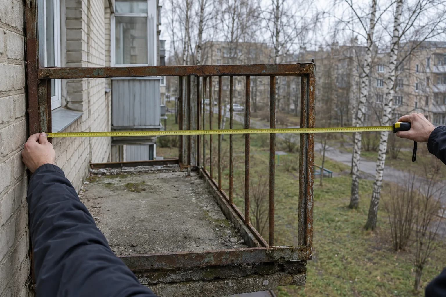Rankos tiesia matavimo juostą per seną daugiabučio balkoną su surūdijusia metaline tvorele, kieme auga beržai