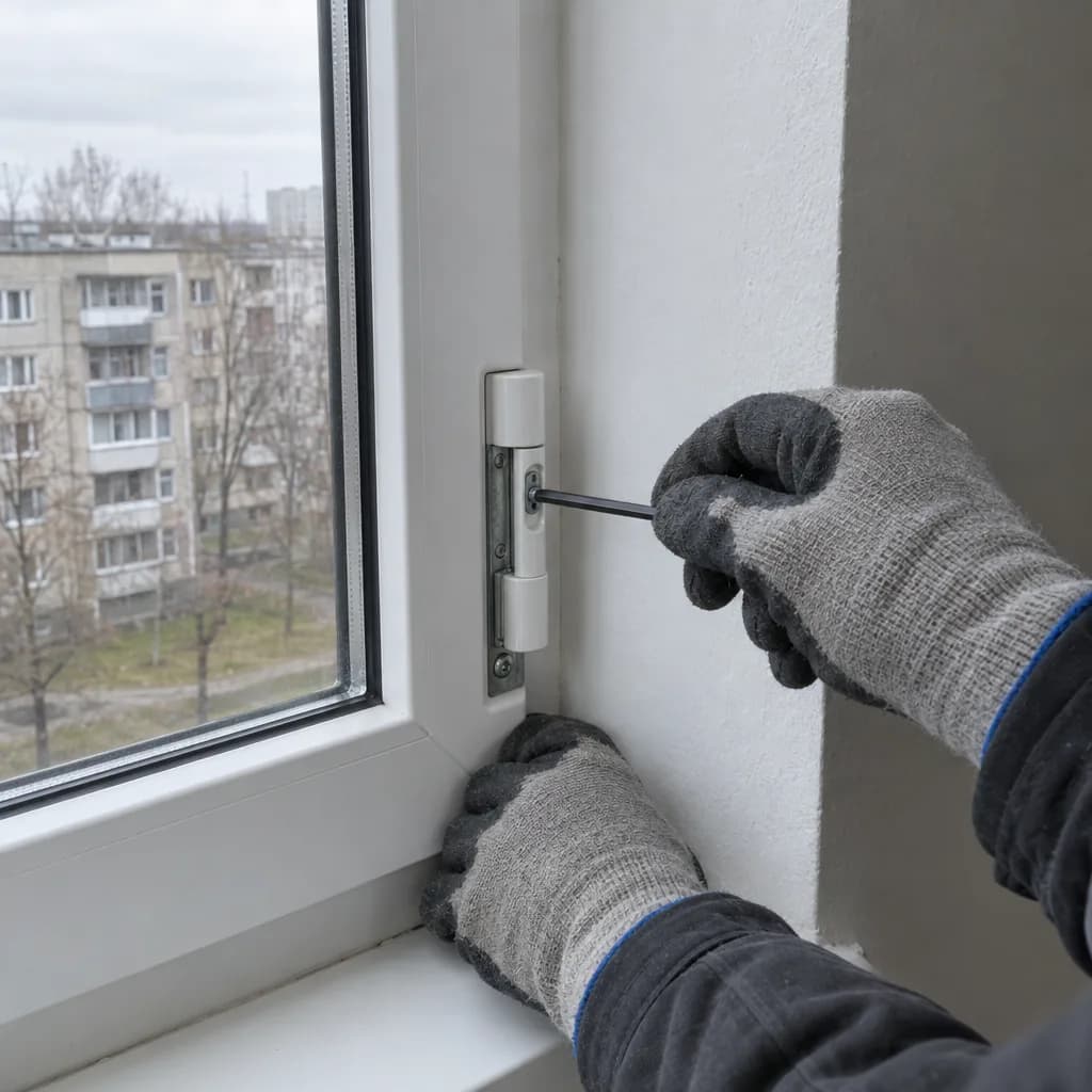 Meistro rankos su šešiabriauniu raktu reguliuoja baltą plastikinio lango vyrį
