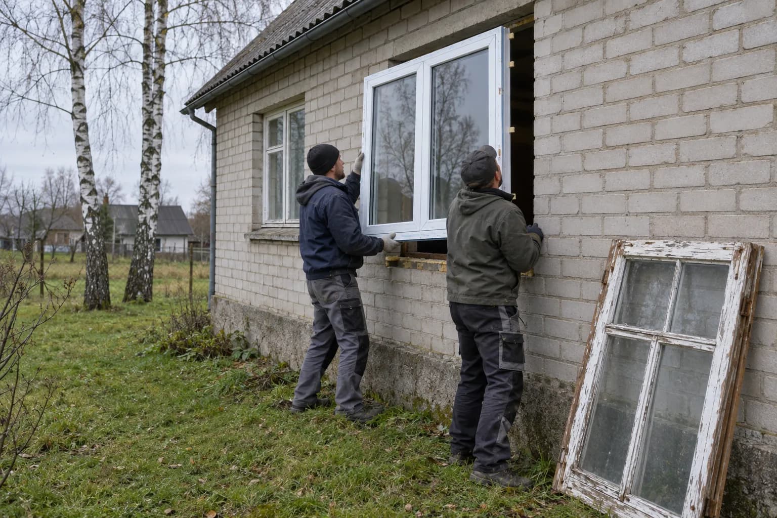 Du montuotojai kelia naują baltą plastikinį langą į angą plytų namo sienoje; prie sienos atremtas senas medinis langas su luptančiais dažais