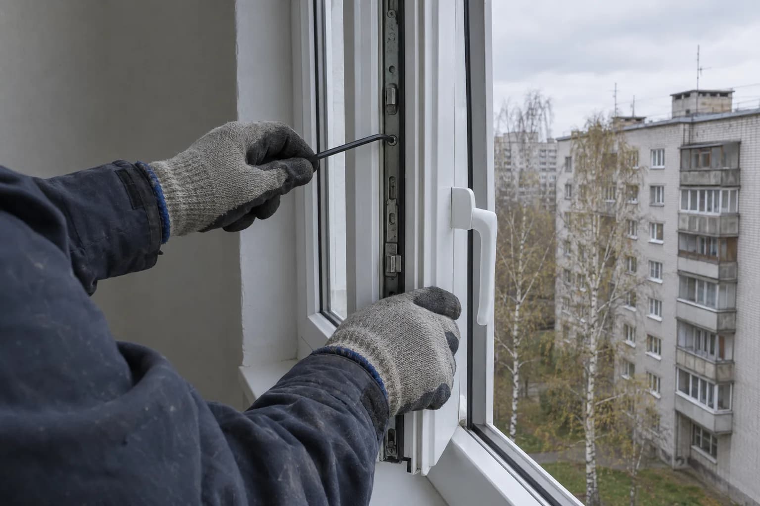 Meistro pirštinėtos rankos šešiabriauniu raktu reguliuoja baltos plastikinės lango varčios apkaustus; už lango matyti pilkas daugiabutis ir beržai