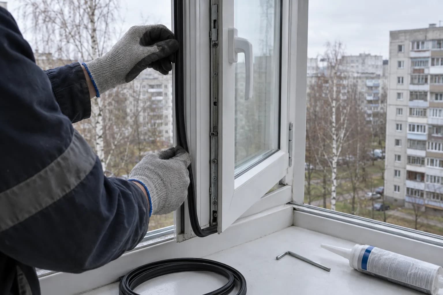 Meistro pirštinėtos rankos keičia juodą tarpinę baltos plastikinės lango varčios kraštu; už lango matyti pilkas daugiabutis ir beržai