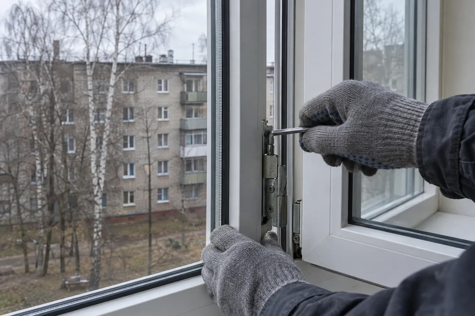 Meistro pirštinėtos rankos šešiabriauniu raktu reguliuoja atidarytos plastikinės lango varčios vyrį, už lango matyti pilkas daugiabutis ir beržai