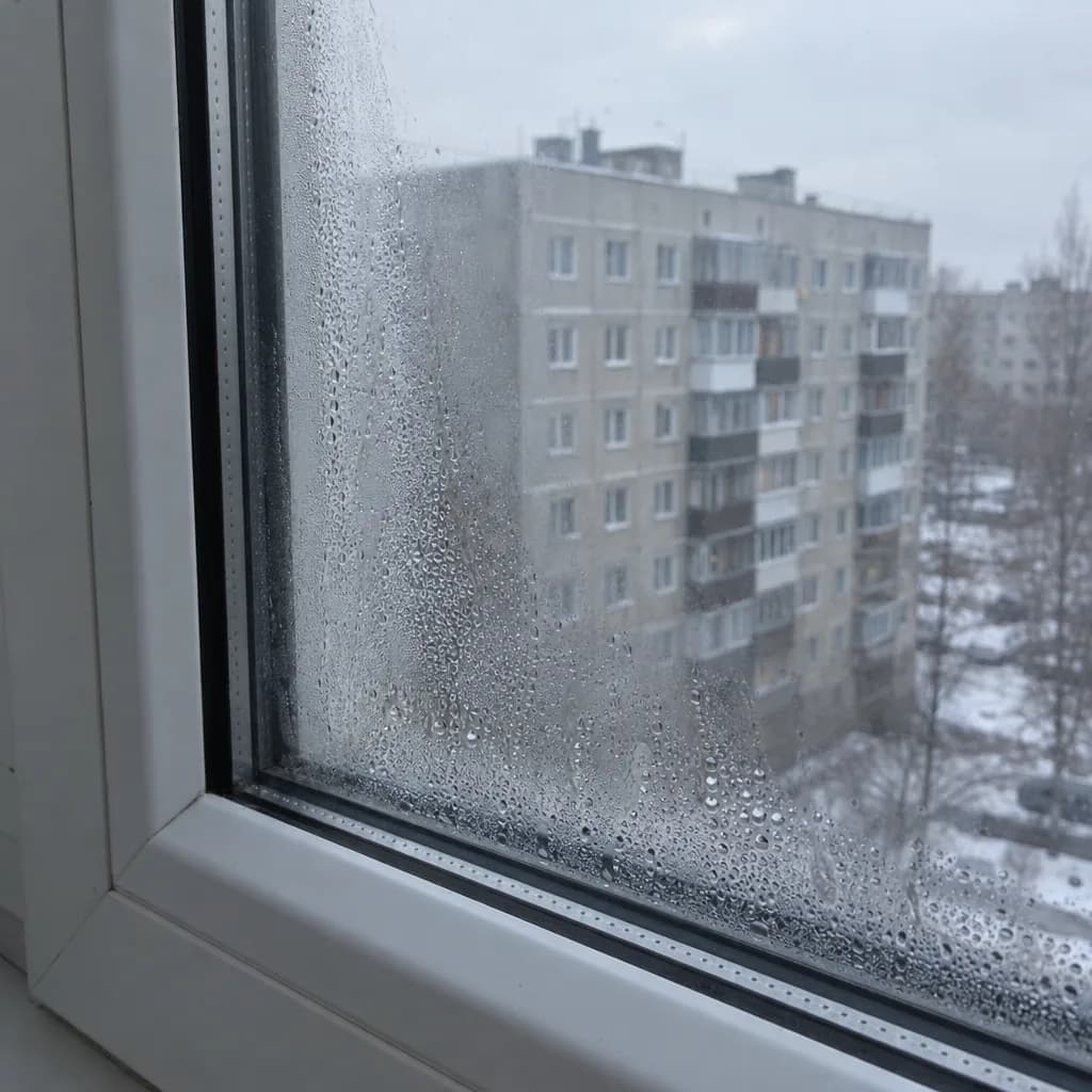Plastikinio lango stiklas su rasos lašais, už lango pilkas daugiabutis ir sniegas