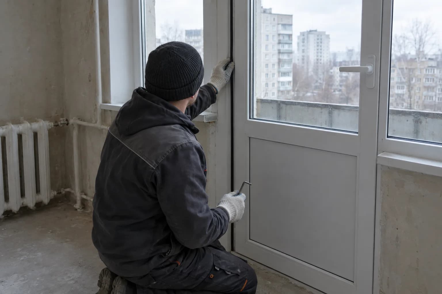 Meistras klūpo prie plastikinių balkono durų ir ranka tikrina rėmo guminį sandariklį, kitoje rankoje laiko šešiabrianį raktą
