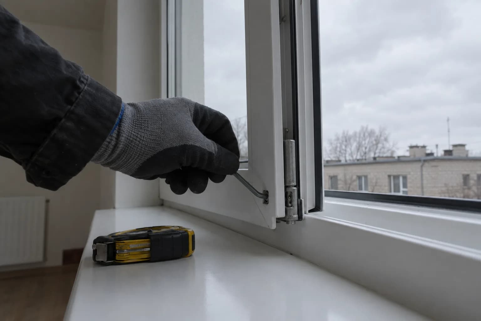 Meistro pirštinė ranka šešiabriauniu raktu reguliuoja apatinį plastikinės lango varčios vyrį, ant palangės guli matavimo juosta