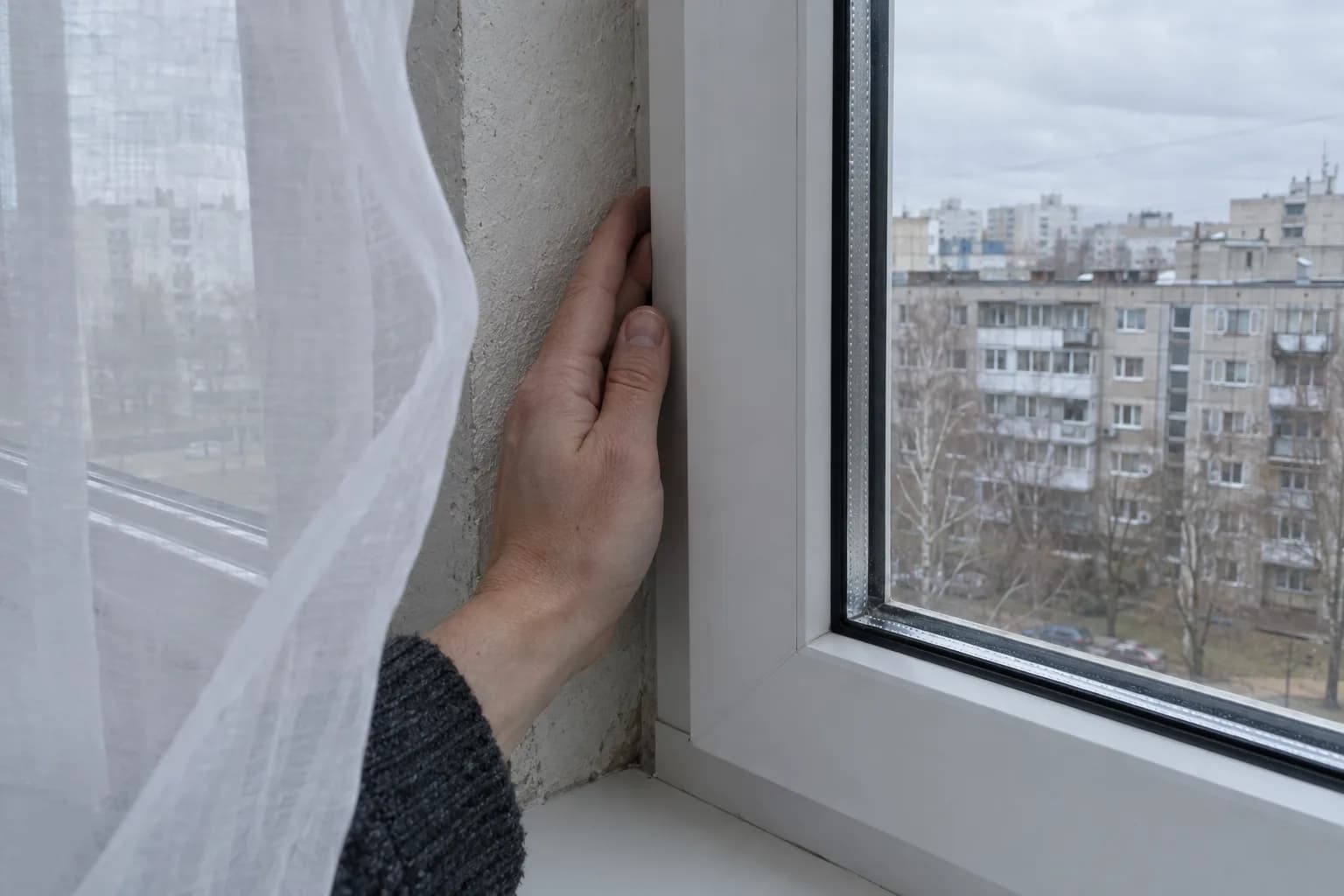 Ranka liečia plastikinio lango rėmo kraštą prie pilkos angokraščio sienos, šalia balta užuolaida; už lango matyti daugiabučiai
