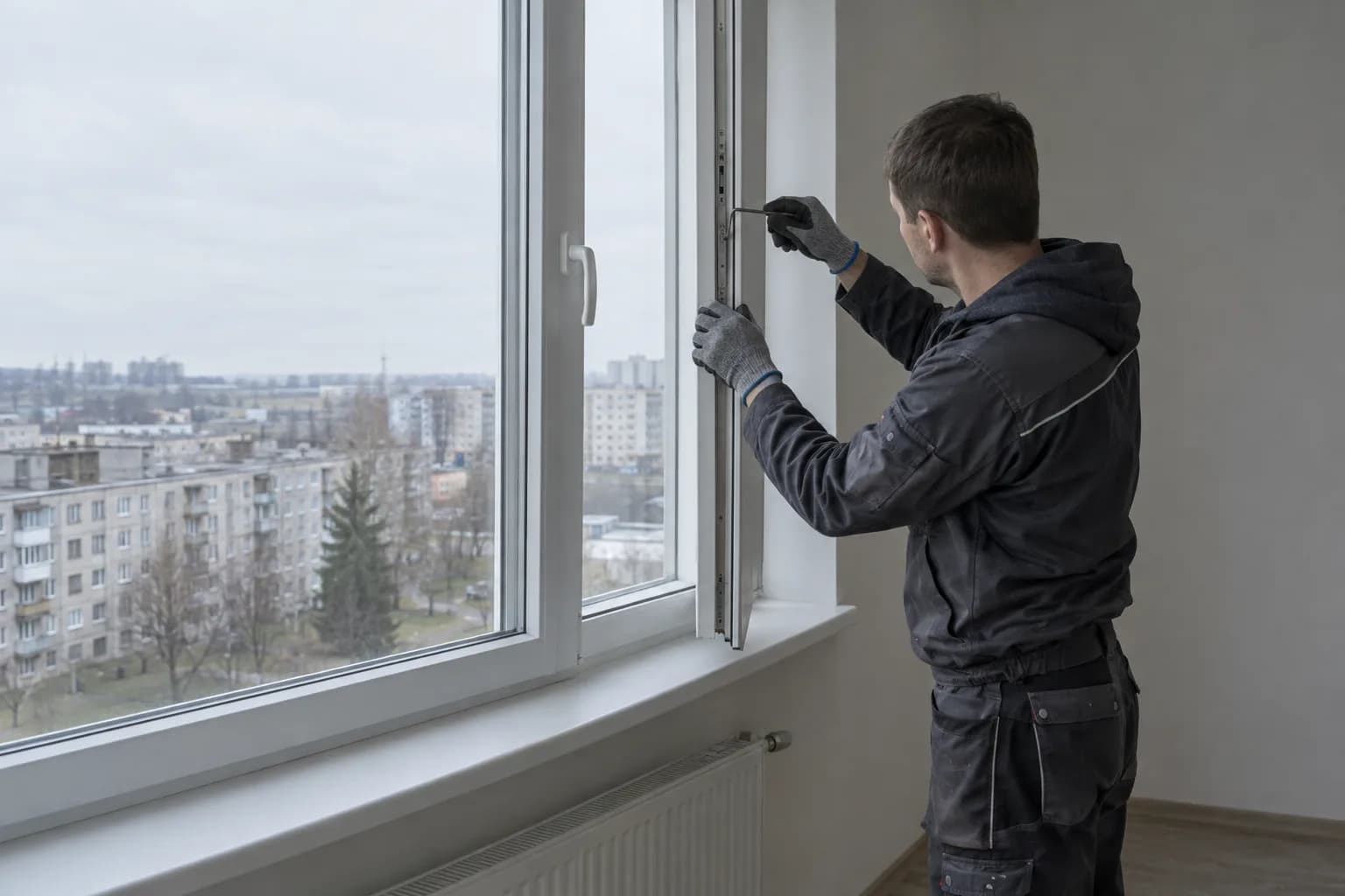 Meistras šešiabriauniu raktu reguliuoja plastikinio lango varčią bute