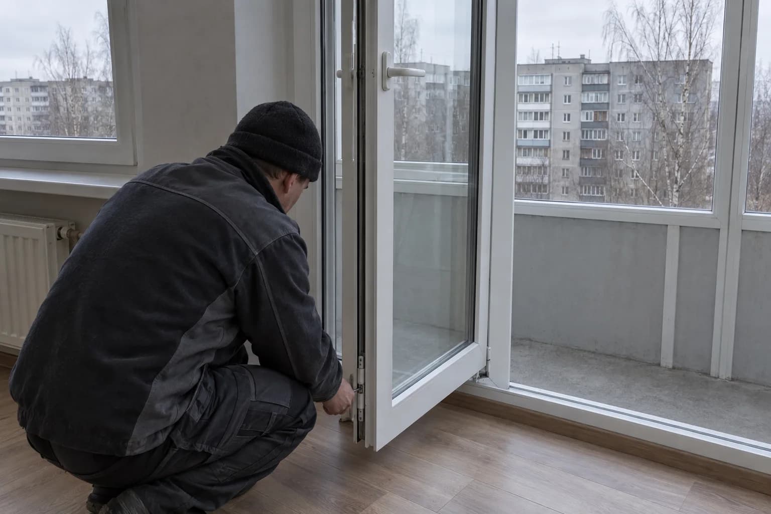 Meistras klūpo prie atidarytų plastikinių balkono durų ir ranka reguliuoja apatinį vyrį; už durų matyti pilkas daugiabutis ir beržai