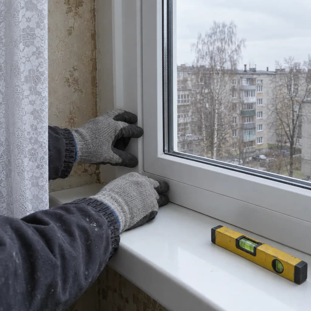 Meistro pirštinėtos rankos tikrina uždaryto baltos plastikinio lango rėmo kampą, ant palangės guli gulsčiukas