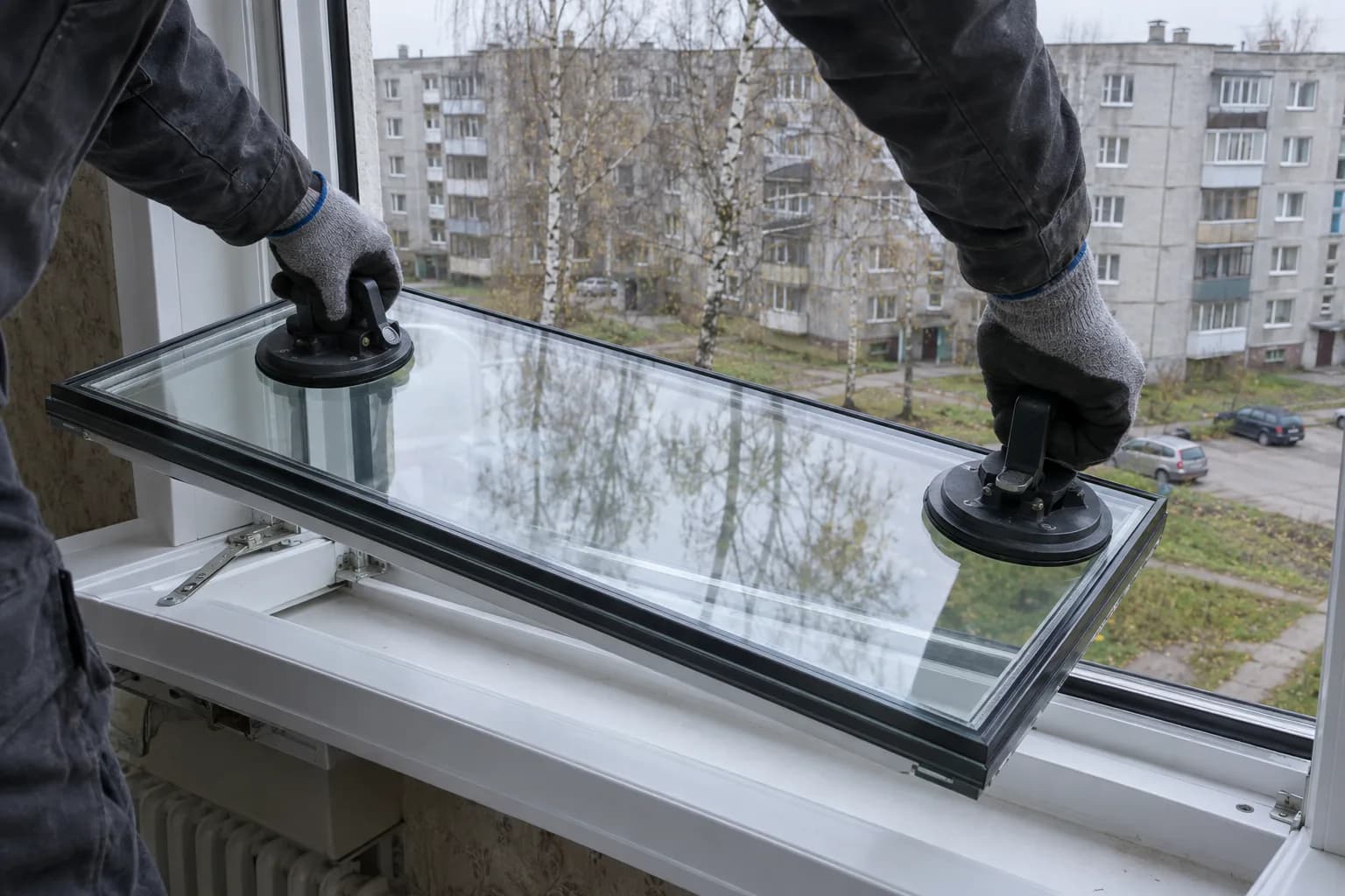 Meistro rankos su siurbtukais laiko stiklo paketą ant plastikinio lango varčios; už lango matyti pilki daugiabučiai ir beržai